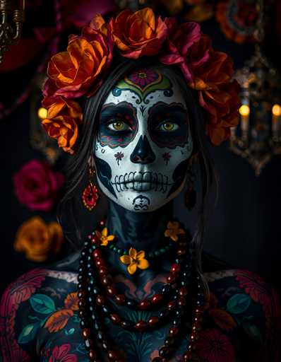The image depicts a woman adorned in traditional Day of the Dead (Día de los Muertos) attire. Her face is intricately painted to resemble a skull, with a white base and black accents around her eyes, nose, and mouth, which is detailed to look like a skull's teeth. Her eyes are a striking yellow, and she wears a vibrant headdress made of orange and red flowers. She is dressed in a black outfit decorated with red and green floral patterns, and her neck is adorned with multiple beaded necklaces, including red, black, and green beads, interspersed with yellow flowers. The background is dark, featuring a chandelier with glowing yellow lights and a red rose, enhancing the festive and solemn atmosphere of the celebration.