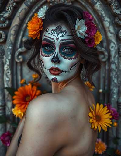 The image depicts a woman adorned in traditional Day of the Dead (Día de los Muertos) makeup, standing in front of an ornate, grayish-silver door. Her face is painted white, with intricate designs that include a black heart on her forehead, red and blue accents around her eyes, and black lines resembling stitches on her cheeks and chin. Her lips are painted a striking red. She has dark brown hair styled in a bun, adorned with a crown of flowers in shades of orange, white, and purple. The woman is looking directly at the camera, her body turned slightly to the left, revealing her bare back. Surrounding her are vibrant flowers in hues of orange, yellow, and purple, adding to the festive atmosphere. The background features a grayish-silver door with intricate carvings, enhancing the overall ornate and cultural aesthetic of the scene.