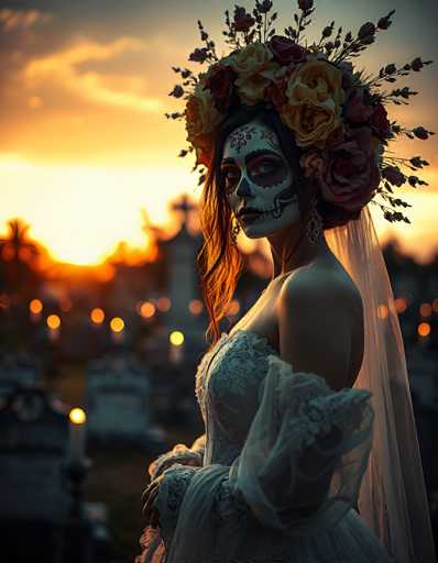 In this evocative photograph, a woman stands solemnly in a graveyard at sunset, her appearance strikingly reminiscent of a bride. She wears a white wedding dress with an off-the-shoulder design and a long, flowing veil. Her face is painted in the traditional style of Día de los Muertos (Day of the Dead), with intricate white makeup, black accents around her eyes and nose, and a skeletal design on her lips. Her hair is adorned with a large, elaborate bouquet of yellow and red roses, and she has a floral crown. The background is blurred, revealing the silhouettes of headstones and the warm glow of candles scattered throughout the graveyard. The setting sun casts a golden light, enhancing the somber yet beautiful atmosphere of the scene.