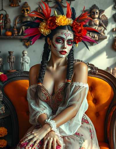 A woman with long black hair and a white dress is seated on an orange chair against the backdrop of a room filled with various figurines and decorations.