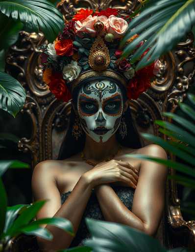 The image depicts a woman adorned in elaborate Day of the Dead makeup, characterized by a white face with intricate black and orange designs around her eyes, resembling a skull. Her lips are painted black with white lines extending from them, and she has a small cross on her forehead. She wears a golden crown adorned with red and white roses, and her long black hair cascades down her back. Her attire includes a black dress with floral patterns and a gold necklace. The woman is seated on a highly ornate, golden throne-like chair, surrounded by lush green palm leaves. Her arms are crossed in front of her chest, and she gazes directly at the camera with a composed expression.
