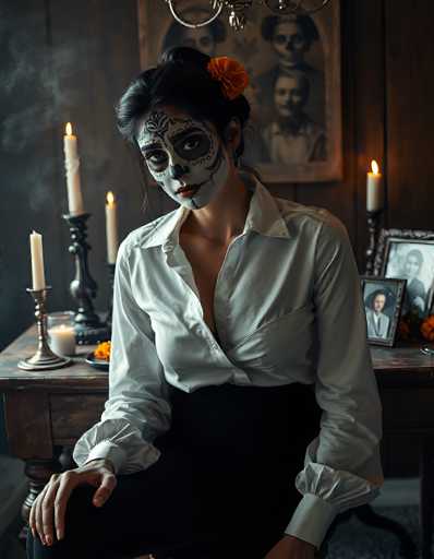 In this evocative photograph, a woman is seated in a dimly lit room, adorned in traditional Day of the Dead (Día de los Muertos) makeup. Her face is painted white, with striking black accents around her eyes, nose, and lips, complemented by a black floral design on her forehead. Her dark hair is styled in a bun, accentuated by an orange flower. She wears a white button-up shirt with puffy sleeves, paired with a black skirt. Her right hand rests on her knee, showcasing her painted fingernails.

The backdrop features a dark wooden wall with a large, ornate black-and-white photograph of a family, possibly from the 1800s. Below this, a wooden table holds several lit candles in brass candlesticks, casting a warm glow. A small white candle in a glass jar sits nearby, adding to the somber yet festive atmosphere. The room's dark ambiance and the intricate details of her attire and surroundings create a powerful visual representation of the Day of the Dead celebration.