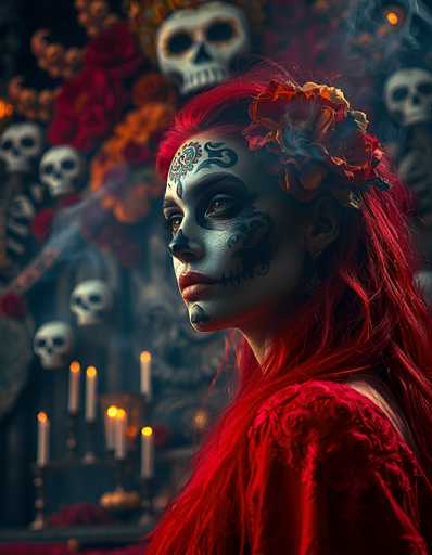 The image depicts a woman with long, vibrant red hair adorned with a crown of orange and yellow flowers. Her face is painted in a striking Day of the Dead style, with white base paint, black accents around her eyes, and intricate designs including a black heart on her chin and a black flower on her forehead. She is dressed in a red, lacy dress and is positioned in the foreground, looking to the left. The background is a dark, blurry scene filled with numerous white skulls, some holding candles, and various indistinct objects, creating an eerie yet captivating atmosphere. The overall composition suggests a festive yet solemn Day of the Dead celebration.