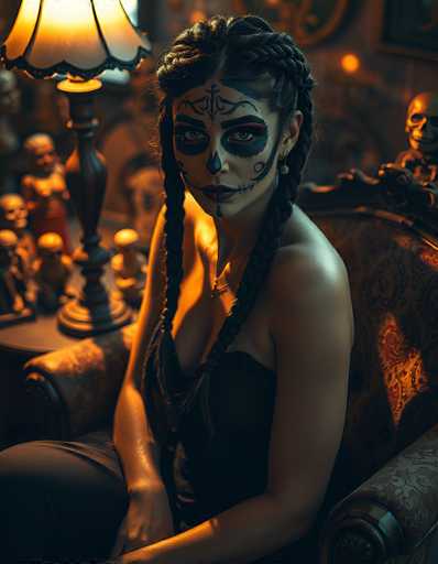 The image depicts a woman dressed in elaborate Day of the Dead (Día de los Muertos) attire. She is seated in a chair, wearing a black dress with a deep neckline that reveals her shoulders. Her long black hair is styled in two braids that drape over her shoulders. Her face is adorned with intricate black makeup, featuring a black dot on her nose, black circles around her eyes, and a black line extending from her lips, resembling stitches. A black design is painted on her forehead, and she wears a necklace. The background is dimly lit, with a warm yellow light illuminating the scene. To her left, there is a table with a lamp and several small statues, including a skull. The overall atmosphere is dark and mysterious, with the woman's striking appearance as the focal point.