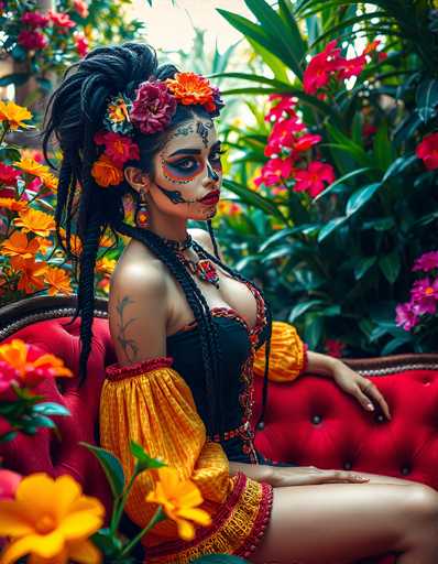 A captivating photograph of a woman adorned in traditional Mexican attire, evoking the essence of Día de los Muertos. She is seated on a luxurious red velvet chair, her long black hair intricately braided and adorned with vibrant orange and red flowers. Her face is meticulously painted, featuring striking black accents around her eyes, a black nose, and vivid red lips. A delicate black line runs from her lips to her nose, resembling a skeleton's mouth. Her forehead is decorated with intricate black designs, and her neck is adorned with a black choker. She wears a stunning black dress with yellow sleeves, and her legs are bare, showcasing her painted nails. The background is a lush display of green plants and an array of colorful flowers, including yellow, orange, red, and pink blooms, enhancing the vivid and festive atmosphere of the scene.