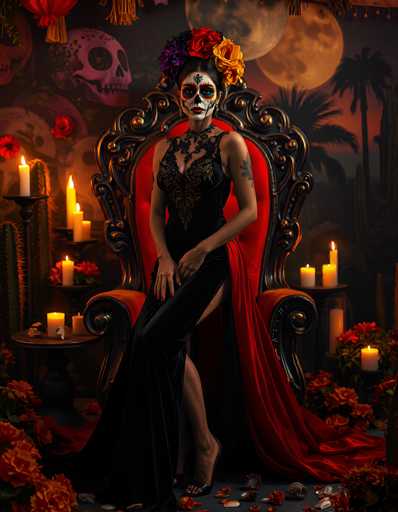 The image depicts a woman dressed in traditional Mexican attire, likely for Día de los Muertos (Day of the Dead). She is seated on an ornate, black throne with a red velvet interior, her legs crossed. The woman wears a long, black dress with a high slit on the right side, revealing her leg. Her face is painted in the iconic Day of the Dead style, featuring white makeup with intricate designs around her eyes, nose, and forehead. Her hair is adorned with three large flowers in purple, red, and yellow. She also wears a black choker necklace and black high-heeled shoes. Surrounding her are numerous lit candles in candle holders, and the floor is scattered with red flowers. The background features a dark sky with two orange moons, silhouettes of palm trees, and a pink skull. The overall scene is rich with cultural symbolism and vibrant colors, capturing the essence of the Day of the Dead celebration.