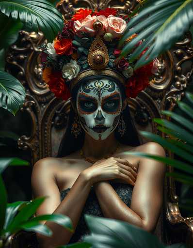 A woman with a white face painted on her head is seated in a chair surrounded by lush green plants and flowers. The vibrant colors of the flowers contrast beautifully against the dark background, creating an ethereal atmosphere.