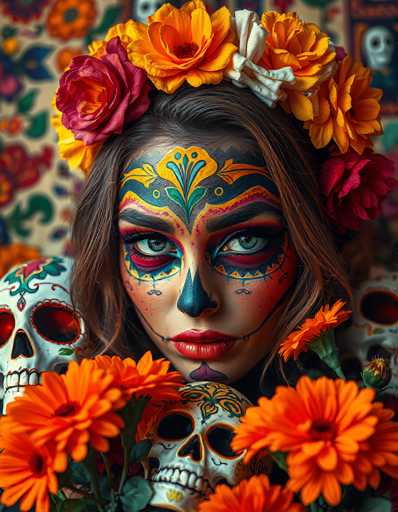 The image depicts a young woman with long, dark brown hair adorned with a crown of vibrant orange marigolds and a single red rose. Her face is elaborately painted in the style of Día de los Muertos (Day of the Dead) celebrations. The intricate makeup features a black triangle on her nose, red accents around her lips, and a purple teardrop beneath her lower lip. Her eyes are framed with black and red paint, and a yellow and orange floral pattern extends from her forehead down to her nose. Her cheeks are painted red, and a black line runs from her lips to the sides of her face, resembling stitches. Surrounding her head are three white marigold-adorned skulls, and the background is filled with colorful flowers and additional skulls, enhancing the festive and traditional Day of the Dead atmosphere.