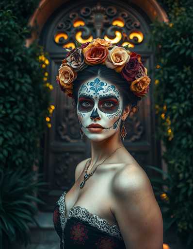 The image depicts a woman dressed in traditional Mexican attire, likely for Dia de los Muertos (Day of the Dead). She is adorned in a black dress with intricate lace detailing around the bust and red floral patterns. Her face is painted white with striking black accents around her eyes, resembling skeleton makeup, and she has red lipstick. A blue floral design is painted on her forehead, and she wears a distinctive black nose piece. Her hair is styled in an updo, crowned with a vibrant headdress made of various colored roses, including red, orange, yellow, and white. She accessorizes with a gold necklace featuring a cross pendant and red dangling earrings. The background showcases a large, ornate wooden door with intricate carvings and a glowing light emanating from within. The scene is framed by lush greenery, including bushes and palm trees, adding to the festive and traditional ambiance.