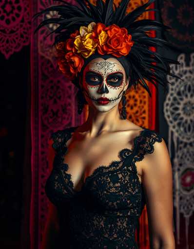 The image depicts a woman dressed in traditional Mexican attire for Dia de los Muertos, standing against a backdrop of ornate, multicolored curtains. Her face is painted in the iconic white makeup with black accents around the eyes, nose, and mouth, resembling a skull. Red lipstick and a black butterfly design adorn her forehead, while black lines mimic stitches across her cheeks. She wears a striking black feathered headdress adorned with red and yellow flowers, and long black beaded earrings. Her black lace dress, which is low-cut and sleeveless, reveals her shoulders and chest. The woman's brown eyes gaze directly at the camera, creating a powerful and evocative portrait.