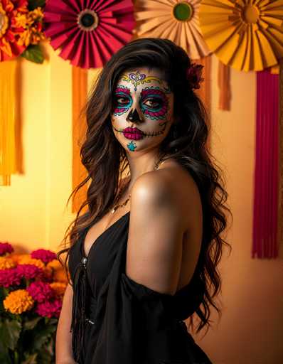 The image depicts a woman dressed in traditional Mexican attire for Dia de los Muertos, standing in a room with a yellow wall adorned with colorful paper flowers and streamers. She has long, dark brown hair cascading down her back and is wearing a black dress with one shoulder exposed. Her face is elaborately painted with intricate designs: her forehead features a yellow line with a purple heart, her eyes are surrounded by blue and pink flowers, her nose is painted black, and her lips are a striking pink with black lines resembling stitches. Additional details include a blue flower on her chin and a red rose in her hair. In the bottom left corner of the image, there is a bouquet of flowers in shades of orange, pink, and red. The woman is looking directly at the camera, embodying the festive and cultural spirit of Dia de los Muertos.