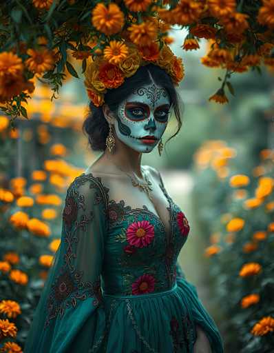 This captivating photograph features a stunning woman adorned in an exquisite, intricately detailed ensemble. She is wearing a dark teal dress that is both elegant and revealing, with a deep V-neckline that gracefully highlights her shoulders. The dress is adorned with an array of vibrant flowers, including pink and red blooms, as well as lush green leaves, all meticulously embroidered onto the fabric. The dress is further embellished with a delicate chain that drapes around her waist, adding an extra touch of sophistication.

Her hair is styled in a sophisticated updo, with soft waves cascading down the sides of her face, framing her delicate features. She wears a striking headpiece that resembles a crown, crafted from a combination of yellow and orange flowers, with additional orange blooms cascading down the sides of her head.

Her face is painted in a dramatic, theatrical style reminiscent of a skull, with a stark white base. The design features intricate black accents around her eyes, creating a dramatic effect, and black lines that extend from her lips, giving the illusion of a skeletal mouth. Her lips are painted a vivid red, adding a touch of boldness to her overall look.

The background of the photograph is a soft, blurred mix of green and orange hues, suggesting a garden setting. This out-of-focus backdrop serves to further emphasize the woman as the central subject of the image, making her attire and appearance stand out even more vividly.