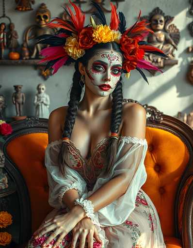 The image depicts a woman dressed in traditional Mexican attire, likely for the Day of the Dead celebration. She is seated on an ornate, orange-upholstered chair with a dark brown wooden frame. The woman has long, black hair styled in two braids that fall over her chest. Her face is painted white with red accents around her eyes, and she has red lipstick. A distinctive red and black design is painted on her forehead, resembling a flower. She wears a vibrant headdress adorned with red, yellow, and black feathers, along with red and yellow flowers. Her dress is white with intricate floral patterns and sheer sleeves that reach her elbows. She accessorizes with white bracelets on her wrists. The background features a white wall decorated with various figurines, including a small skeleton and other statues, enhancing the festive and cultural ambiance of the scene.