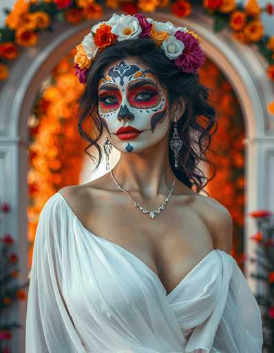 A woman with a white dress and red flowers on her head is the main subject of this image. She has a serious expression as she gazes directly at the camera. The background features an archway adorned with orange and pink flowers, adding a festive touch to the scene.