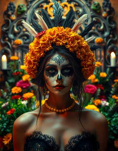 The image depicts a woman adorned in traditional Mexican Day of the Dead (Día de los Muertos) attire. She wears an elaborate headdress featuring a mix of orange marigolds, white feathers, and black feathers, symbolizing the connection between the living and the dead. Her face is intricately painted with black makeup around her eyes, a black dot on her nose, and red lips, resembling a skull. A black design is painted on her forehead, and she has a black line drawn from the corners of her mouth down to her chin, enhancing the skull-like appearance. She is dressed in a black lace top and a pearl necklace, with her bare shoulders visible. The background is filled with vibrant orange marigolds and other flowers, adding to the festive atmosphere. Candles are lit on either side of her, casting a warm glow over the scene. The overall setting is rich with cultural symbolism and vibrant colors, capturing the essence of the Day of the Dead celebration.