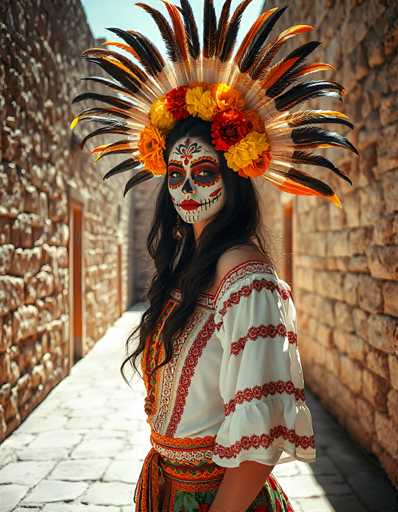 The image depicts a woman dressed in traditional Mexican attire, likely for Dia de los Muertos (Day of the Dead). She stands in a narrow, sunlit alleyway with stone walls and a stone floor, framed by the shadows cast by the buildings. The woman, who has long black hair, is adorned in a white dress with intricate red and orange embroidery, and a green skirt featuring red and orange stripes. Her face is elaborately painted in the iconic Day of the Dead style: white base paint with black accents around the eyes, red lips, and a floral design on her forehead. She wears a striking headdress composed of black and orange feathers, interspersed with vibrant yellow and red flowers, and a floral band. The photograph captures her from the waist up, with her body angled to the left while she looks directly at the camera.
