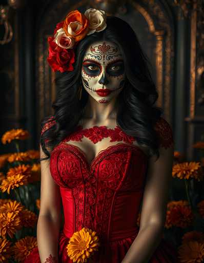 A striking photograph captures a woman adorned in traditional Mexican Day of the Dead makeup, her face painted in an intricate white mask with black accents around her eyes, nose, and mouth. Her lips are painted a vivid red, and a black design resembling a mustache sits above her lip. She has long, dark hair adorned with red and white roses. The woman is dressed in a red corset with floral patterns, and her shoulders are bare. She stands in front of a backdrop of orange flowers and a dark, ornate building, adding to the rich cultural ambiance of the scene.