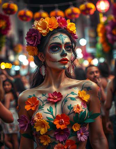The image depicts a vibrant and festive scene, likely set during a Mexican holiday such as Día de los Muertos. The central focus is a woman adorned in traditional Mexican attire, featuring intricate face paint and floral decorations. Her face is painted white, with striking red lips and black accents around her eyes, creating a dramatic effect. A floral headdress made of yellow and red flowers adorns her head, complementing the flowers painted on her chest and arms.

Her attire includes a dress decorated with a pattern of orange, yellow, and purple flowers, along with green leaves. She wears large, dangling earrings that are white with red accents. The background is slightly blurred, but it reveals a bustling street filled with people, some wearing white dresses. The street is adorned with hanging lights and decorations, adding to the festive atmosphere. The overall scene is colorful and lively, capturing the essence of a joyous celebration.