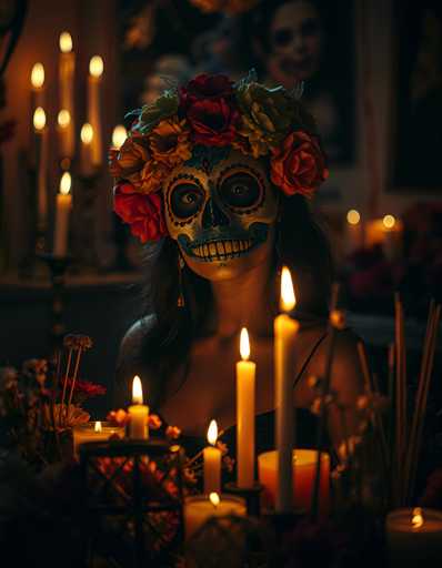 A woman is seated at a table adorned with various candles and flowers, wearing a vibrant skull mask that adds an element of mystery to the scene. The background features a black wall with several paintings hanging on it, creating an artistic atmosphere.