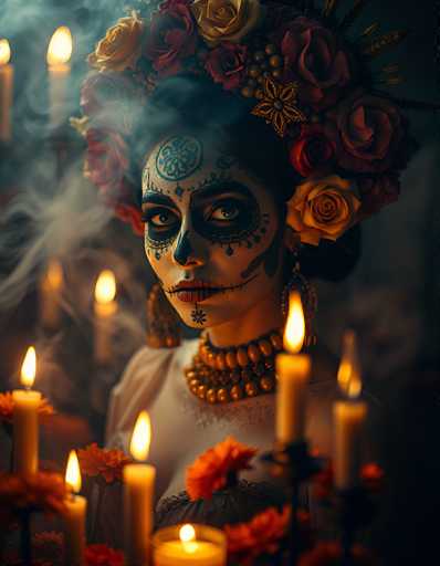 The image depicts a woman adorned in traditional Mexican Day of the Dead (Día de los Muertos) attire. Her face is intricately painted with white makeup, accentuated by black circles around her eyes and a black line extending from the corners of her mouth to her ears, resembling stitches. A blue floral design decorates her forehead, and her lips are painted a vivid red. She wears a white dress and a thick, ornate gold necklace. Her hair is styled into a large, elaborate bouquet of flowers, predominantly red and yellow, with a gold star at the center. Surrounding her are numerous lit candles, casting a warm glow over the scene. The background is dark, with a smoky haze adding to the mystical atmosphere.