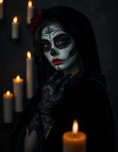 The image depicts a woman dressed in traditional Mexican Día de los Muertos attire, standing against a dark background. She is adorned in a black hooded cloak and lace gloves, with her face painted white. Her makeup features striking details: black accents around her eyes, a black nose, and red lips designed to resemble a skeleton's mouth with black lines. A red rose adorns her head, and intricate black designs embellish her forehead and chin. She gazes directly at the camera, exuding a solemn yet captivating presence. Surrounding her are numerous lit white candles, with one prominent orange candle in the foreground, casting a warm glow that enhances the eerie atmosphere of the scene.
