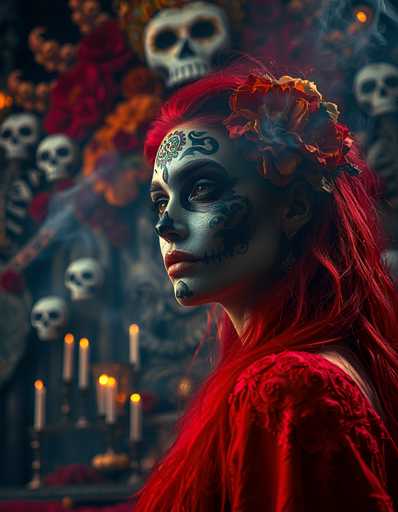 A woman with red hair and a flower on her head is the main subject of this image. She has long hair that falls down past her shoulders, and she is wearing a vibrant red dress. The background features an array of skulls in various sizes and colors, creating a striking contrast against the woman's attire. There are at least 12 different skulls visible in the image, some larger than others, suggesting they might be part of a larger display or art installation.