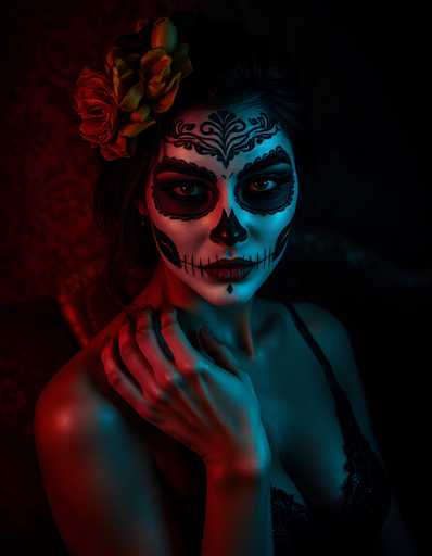 The image depicts a woman adorned in traditional Mexican Day of the Dead (Día de los Muertos) makeup. Her face is painted white, with striking black accents around her eyes, nose, and lips, resembling a skull. Her eyes are accentuated with black eyeliner, and her nose features a black painted tip. Her lips are painted red, with black lines extending from the corners to her chin, mimicking a skeleton's mouth. She has a black tattoo on her forehead, adding to the intricate design. Her dark hair is adorned with a red and yellow flower on the left side. She is wearing a black lacy bra, visible against her bare shoulders, and her right hand is raised to her neck, with her fingers resting on her shoulder. The background is a mix of red and black, with a red wall on the left and a black wall on the right, creating a dramatic contrast. The overall lighting is dim, with a red light illuminating the left side of her face and a blue light on the right, enhancing the ethereal and haunting atmosphere of the image.