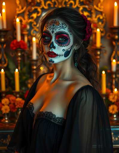 A woman with a sugar skull face paint and a black dress stands in front of a candelabra filled with candles, creating an atmosphere of mystery and intrigue.
