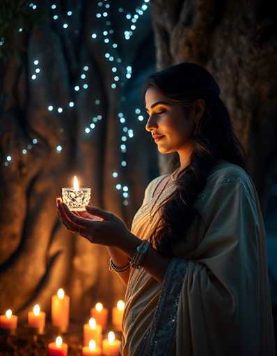 In this captivating photograph, a woman stands in profile, her long, dark hair cascading over her left shoulder. She is adorned in a cream-colored dress with intricate silver embellishments, including a shimmering sash draped over her left arm. Her attire is complemented by a long necklace, bracelets on her right wrist, and a ring on her right hand. The woman holds a small, crystal-like candle holder aloft in her right hand, its flame flickering gently. Surrounding her feet are numerous other lit candles, casting a warm, orange glow that enhances the serene ambiance. The background features a large, brown tree trunk with a textured surface, and delicate white lights are strung around it, adding a magical touch to the scene. The woman gazes down at the candle with a peaceful expression, her eyes closed, as if in quiet contemplation.