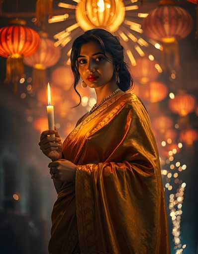 The image depicts a young woman of Indian descent, elegantly dressed in a golden sari adorned with intricate embroidery. She stands in a side profile, her head turned towards the camera, revealing her long, dark hair styled in a ponytail with a few loose strands framing her face. Her makeup is striking, featuring bold red lipstick and dark, expressive eyes. She wears a gold necklace and dangling earrings, adding to her regal appearance. In her right hand, she holds a lit white candle, which she cradles close to her chest. The background is a dark, blurred expanse dotted with numerous lanterns, creating a warm, glowing ambiance. A prominent, large lantern with a sunburst design hangs directly above her head, casting a radiant light that enhances the overall serene and festive atmosphere of the scene.