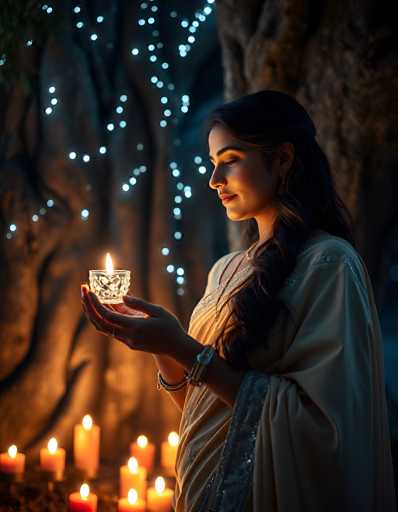 A woman in a cream-colored saree holds a lit diya lamp, her face softly illuminated by the flickering flame. She is wearing delicate gold jewelry and a subtle smile as she gazes at the lamp, surrounded by other lit diyas. The background is a softly blurred, dark setting with glowing fairy lights and hints of a natural environment like trees. The overall mood is serene, warm, and spiritual, suggesting a moment of peace or celebration.