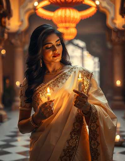 In this captivating photograph, a woman of Indian descent stands gracefully in the center of a dimly lit room, exuding elegance and serenity. She is adorned in a stunning beige dress intricately embellished with gold embroidery, which drapes over her right shoulder and extends down to her left side. Her long, wavy black hair cascades down her back, complementing her dark complexion and striking red lipstick. A delicate bindi adorns her forehead, adding to her traditional grace.

The woman holds two lit candles, one in each hand, casting a warm glow that enhances the serene ambiance of the scene. Her eyes are closed, and she gazes downward, her expression one of deep contemplation and peace. Adorning her right wrist are multiple gold bracelets, while her left wrist remains bare. A gold necklace graces her neck, and she wears dangling gold earrings that complete her elegant look.

The room around her is softly illuminated by the candles and a grand chandelier hanging above her, which features a large central light flanked by two smaller lights. The floor beneath her is a striking black and white checkered pattern, adding a touch of classic elegance to the setting. The background is blurred, drawing focus to the woman and her tranquil presence, while the overall color palette of the image is dominated by warm, earthy tones of beige, gold, and black.