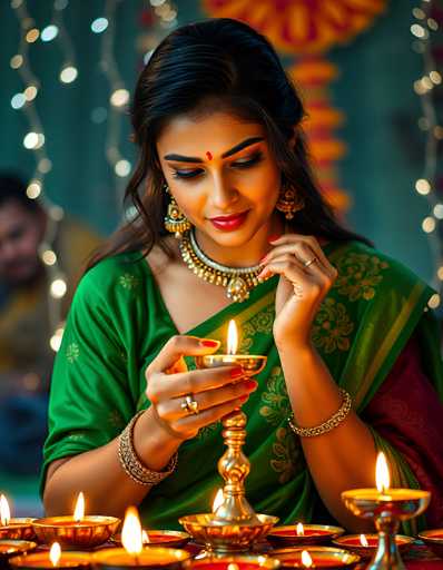 In this captivating photograph, a young Indian woman is the focal point, adorned in a vibrant green dress with intricate gold floral patterns. Her long, dark hair cascades down her back, complementing her striking red lipstick and the traditional red bindi on her forehead. She is meticulously lighting a large, ornate candle with a gold base, surrounded by several smaller candles that cast a warm, orange glow. Her hands, adorned with gold bracelets, rings, and red nail polish, are gracefully poised as she looks down at the candles with a serene expression. The background features a man with dark hair and a beard, dressed in a yellow shirt, who appears to be engaged in his own activity. The scene is further enhanced by the soft twinkle of white lights and a hint of a red and yellow wall, adding to the overall ambiance of tranquility and reverence.