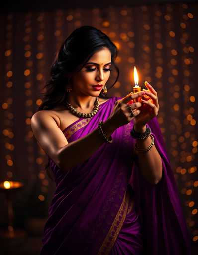 A woman is standing against a dark background with her hair styled in an elegant updo and wearing a purple saree adorned with gold accents. She holds a lit candle in her right hand while her left hand gently rests on her hip. The room around her is filled with warm, glowing lights that create a soft, inviting atmosphere.