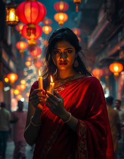 In this captivating photograph, a woman stands at the center of a bustling street, her presence commanding attention. She is adorned in a striking red sari, intricately detailed with gold embroidery along the sleeves and hem. Her long, dark hair cascades down her back, framing her face which is accentuated by bold red lipstick and expressive brown eyes. She wears a gold necklace and bracelets on both wrists, adding to her regal appearance.

In her hands, she holds two lit candles, their flames casting a warm glow on her face and the surrounding area. The background is a blur of activity, with numerous people walking along the street, their features indistinct. Above her, a canopy of red lanterns hangs from the buildings, their lights twinkling and adding to the festive atmosphere. The lanterns are attached to the walls of the buildings, creating a tunnel-like effect that draws the eye towards the woman. The overall scene is one of vibrant cultural celebration, with the woman as the focal point amidst the lively backdrop.