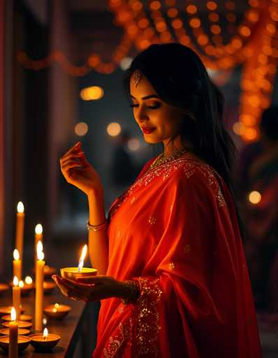 In this captivating photograph, a young woman of Indian descent stands gracefully, adorned in a stunning red sari embellished with intricate gold embroidery. Her long, dark hair cascades down her back, complementing her elegant appearance. She wears a gold necklace and bracelets on both wrists, adding to her regal look. A delicate piece of jewelry adorns her forehead, enhancing her cultural attire.

The woman is holding a small, lit candle in her left hand, which rests on a long table covered with numerous other candles, all glowing warmly. Her eyes are closed, and her expression is serene, as if she is deeply immersed in a moment of prayer or meditation. The background is softly blurred, featuring a mix of orange and yellow lights that create a warm, ethereal atmosphere. The scene is further decorated with hanging lights, adding to the overall sense of tranquility and reverence.