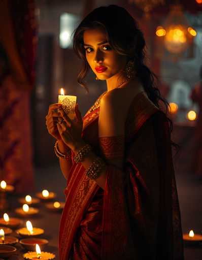 In this evocative photograph, a woman of Indian descent stands gracefully, adorned in a stunning red sari with intricate gold embroidery. Her long, dark hair cascades down her back, complementing her elegant appearance. She wears a gold necklace and multiple bracelets on her right arm, adding to her regal look. Her red lipstick and dark eyes enhance her captivating presence as she gazes directly at the camera.

In her right hand, she holds a lit candle, its flame casting a warm glow. The background is softly blurred, drawing focus to her, but you can still discern a chandelier and several other lit candles on the floor, creating a serene and intimate atmosphere. The overall composition of the image highlights the woman's beauty and the cultural richness of her attire and surroundings.