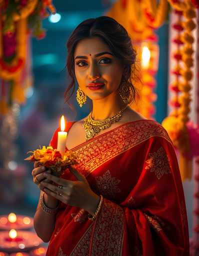 A woman is standing against a backdrop adorned with colorful flowers and gold decorations. She is dressed in traditional Indian attire consisting of a red saree and gold jewelry. The woman holds a lit candle in her hands, which casts a warm glow on the scene around her.