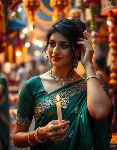 The image features a young Indian woman, likely in her late teens or early twenties, dressed in a traditional green sari adorned with intricate gold embroidery. Her attire includes a matching green blouse with short sleeves, embellished with gold and red details. She wears a large, ornate silver necklace with a prominent pendant, along with multiple bracelets on both wrists. Her long black hair is styled in an updo with a few loose strands framing her face, and she has a red bindi on her forehead. She is holding a lit white candle in her right hand, while her left hand is raised to her head, as if she is adjusting her hair. The background is blurred, suggesting a festive or celebratory setting with warm, golden lights and possibly other people, though they are not clearly visible. The woman's expression is serene, and she is looking off to the left side of the image.