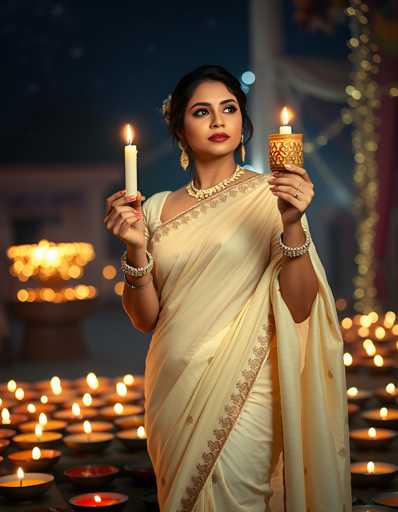 A woman is standing in front of a large group of lit candles and gold jewelry. She is wearing a white saree with gold embroidery and holding two lit candles in her hands. The background features a dark blue sky and a building with a red roof.