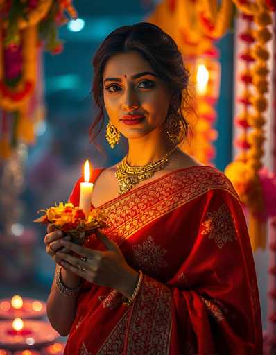 This photograph captures a young Indian woman, likely in her 20s, adorned in traditional attire. She is wearing a vibrant red sari embellished with intricate gold embroidery, which drapes elegantly over her left shoulder. Her dark hair is styled in a bun, with a few loose strands framing her face. A striking red bindi adorns her forehead, complementing her bold red lipstick and dark, expressive eyes. She accessorizes with large, ornate gold earrings and a heavy gold necklace that features a prominent pendant. On her wrists, she wears multiple gold bracelets, and on her fingers, several rings are visible. In her hands, she holds a lit white candle surrounded by a bouquet of flowers, adding a serene and ceremonial touch to the scene. The background is softly blurred, highlighting her presence and the warm glow of the candlelight.