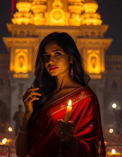 In this captivating photograph, a young woman of Indian descent stands gracefully in front of an ornate, illuminated building, likely a temple or a significant cultural structure. She is adorned in a stunning red sari embellished with intricate gold embroidery, which drapes elegantly over her right shoulder. Her long, wavy black hair cascades down her back, complementing her striking red lipstick and the traditional bindi on her forehead. She wears long, dangling earrings and a delicate gold necklace, adding to her regal appearance. Her right hand is raised near her face, fingers gently touching her cheek, while her left hand holds a lit yellow candle, casting a warm glow. The background is softly blurred, highlighting the building's illuminated arches and intricate details, with a few other people visible but out of focus. The overall scene exudes a serene and mystical ambiance, capturing a moment of cultural and personal beauty.