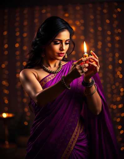 The image features a woman with long, dark hair, dressed in a purple sari adorned with gold trim. She is wearing a large, ornate gold necklace and multiple bracelets on her left wrist, including a black one. Her eyes are closed, and she has a red dot between her eyebrows, suggesting she might be of Indian descent. She is holding a lit candle in her left hand, with her right hand gently touching the flame. The background is dark, filled with numerous small, out-of-focus orange lights, creating a warm, glowing ambiance. In the bottom left corner, there is a small candle holder with a lit candle, adding to the overall serene and contemplative mood of the scene.