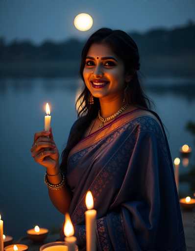 In this captivating photograph, a young woman of Indian descent stands gracefully in front of a serene body of water, possibly a lake or river, with a dense forest and a glowing full moon in the background. She is adorned in a stunning blue sari with intricate gold embroidery, complemented by a gold necklace and a medallion. Her long, dark hair is elegantly pulled back, and she wears a bindi on her forehead, enhancing her traditional look. She holds a lit candle in her right hand, and several more candles are scattered around her feet, casting a warm, flickering light on the scene. Her radiant smile and direct gaze at the camera capture a moment of serene beauty and cultural richness.