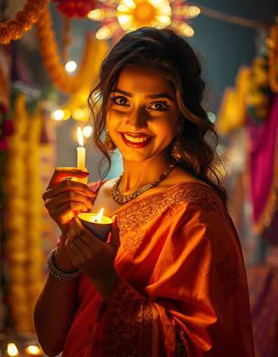 A vibrant photograph captures a young woman, likely in her late teens or early twenties, standing in a dimly lit room. She is adorned in a striking orange sari with intricate floral embroidery, which drapes elegantly over her left shoulder. Her long, dark brown hair cascades down her back, with a few strands playfully framing her face. Her expressive brown eyes and warm smile exude a sense of joy and cultural pride.

Her attire is complemented by a thick, ornate necklace that rests just above her chest, and she wears a ring on her left hand's ring finger. Her wrists are adorned with multiple bangles, adding to her traditional look. In her hands, she holds two lit candles—one in each hand—casting a gentle glow that highlights her features.

The background is softly blurred, filled with warm hues of orange, yellow, and pink, suggesting a festive atmosphere. Behind her, a string of lights adds a touch of sparkle, while a pink curtain with gold trim hangs to her right, enhancing the celebratory ambiance. The overall scene is one of cultural richness and personal beauty, captured in a moment of serene elegance.