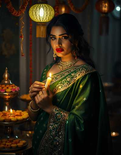 The image depicts a young Indian woman, possibly in her late teens or early twenties, adorned in traditional attire. She is wearing a dark green sari embellished with intricate gold embroidery and sequins, which shimmers under the soft lighting. Her long, dark hair is elegantly styled in a half-up, half-down fashion, with a few strands framing her face. She has striking red lipstick and dark, expressive eyes accentuated by thick eyebrows. Around her neck, she wears a heavy, ornate gold necklace that complements her overall look. 

In her hands, she holds a lit white candle, which casts a gentle glow on her face and the surrounding area. The background is dimly lit, featuring a white curtain and several lanterns that add to the ambiance. To her left, there is a three-tiered platter filled with small, round pastries, possibly cookies or donuts, arranged in a circular pattern. The top tier of the platter has a candle at its center, adding to the serene and festive atmosphere of the scene.