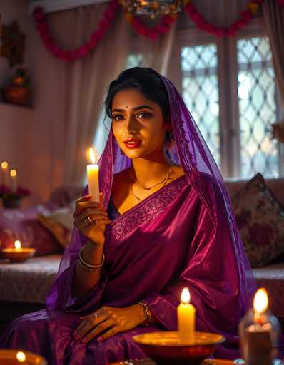 In this captivating photograph, a woman of Indian descent is seated on a couch, exuding a serene and elegant presence. She is adorned in a stunning purple dress that features intricate black embroidery, with a matching purple scarf draped over her head. Her dark hair is elegantly pulled back, and she wears a red lipstick that complements her dark eyes and eyebrows. A small red dot adorns her forehead, adding to her traditional and cultural appearance.

Her attire is further accentuated by a gold necklace and bracelets on both wrists, with a ring on her right hand. She is holding a lit white candle in her right hand, which is raised to shoulder height, while her left hand rests on her lap. The couch she sits on is adorned with a pink and white floral pattern, and it is decorated with several pillows, including a prominent pink one.

The background features a large window with a diamond pattern, framed by white curtains. Above the window, a decorative arch made of pink and yellow flowers adds a touch of elegance to the scene. The overall ambiance is warm and inviting, with the woman's poised demeanor and the rich details of her surroundings creating a beautifully composed image.