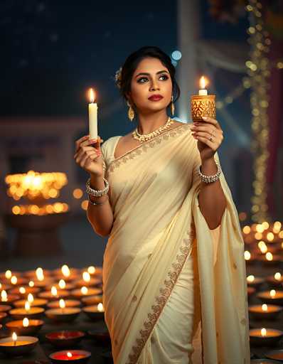 In this captivating photograph, a woman of Indian descent stands gracefully, adorned in a cream-colored sari embellished with intricate gold embroidery. Her attire is complemented by a matching cream-colored skirt. She holds two lit candles: one in a golden candle holder and the other in her bare hand. Her dark hair is elegantly pulled back, accentuated by a delicate flower clip, and she wears striking red lipstick. Her accessories include a gold necklace, dangling gold earrings, and multiple bracelets on both wrists. The background is a mesmerizing array of numerous lit candles, creating a warm, glowing ambiance. The scene is further enhanced by the presence of a white pillar and a gold chain hanging in the background, adding to the overall elegance and serenity of the setting.