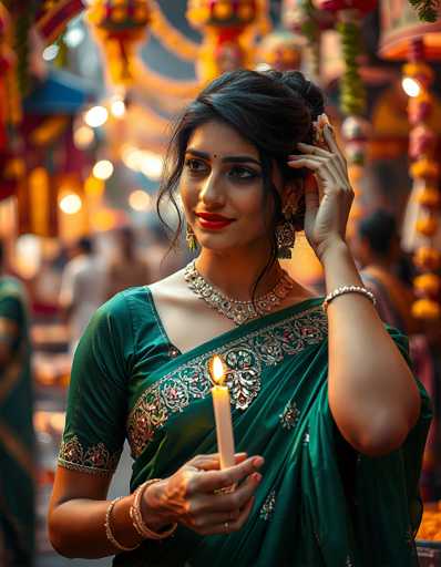 A woman is standing in front of a temple with her hair styled in an elegant updo and wearing a green saree adorned with gold embroidery. She holds a lit candle in her right hand while gazing off to the side.