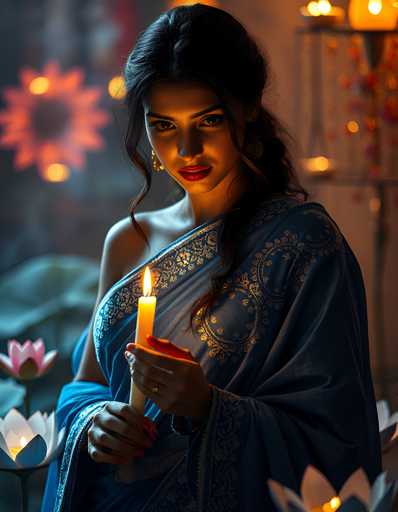 A woman is standing in front of a window with her hair styled in an elegant updo and wearing a blue saree adorned with gold embroidery. She holds a lit candle in her right hand while gazing directly at the camera. The background features a white wall decorated with pink flowers, creating a serene and intimate atmosphere.